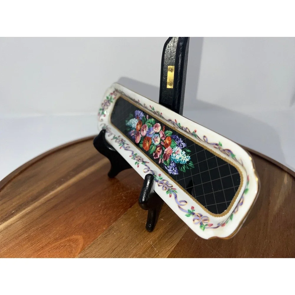Decorative Floral Trinket Dish Vanity‎ Tray Ceramic Gold Trim